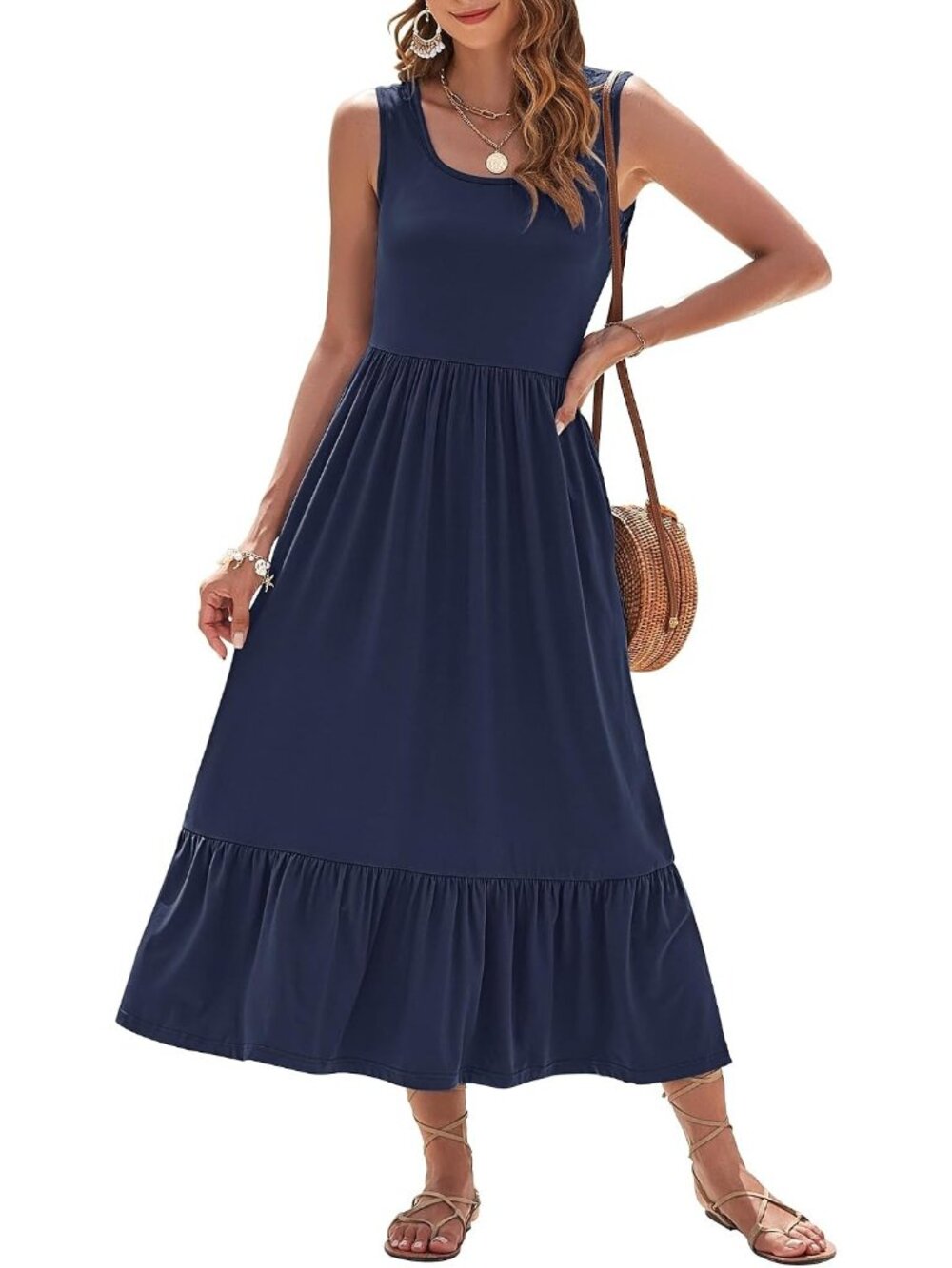 〽️Navy Blue Maxi Dress for Women Square Neck Tiered Sleeveless Pocket Dress